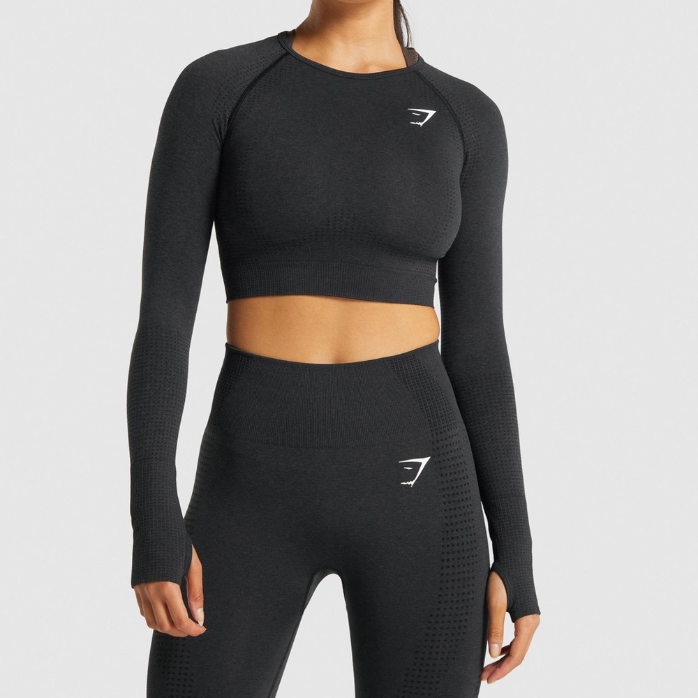Gymshark Vital Seamless 2.0 Long Sleeve Crop Top - Black Marl